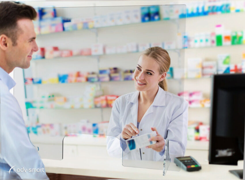 Barriera Parafiato di Protezione in Plexiglass per farmacia, Sanitaria, tabaccheria,